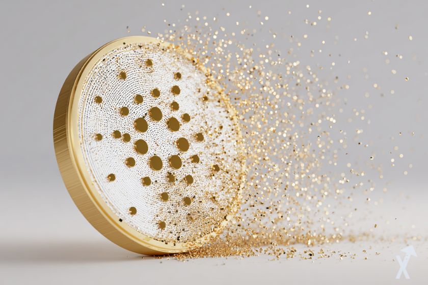 coin 3D ada cardano doré et blanc avec des paillettes dorées sur fond gris