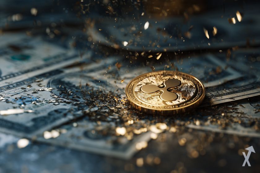 un coin 3D xrp doré sur un matelas de dollars et une pluie dorée