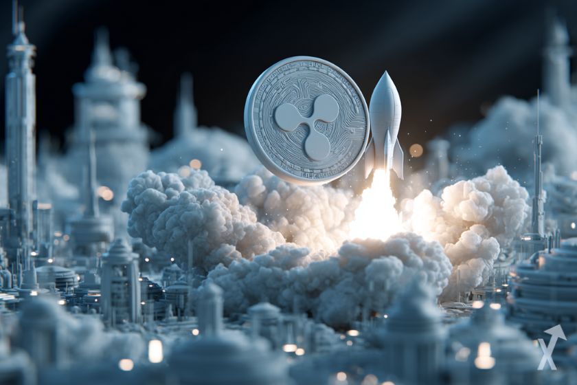 coin 3D xrp ripple en gris, avec une fusée qui décolle, une épaisse fumée grise dans une ville futuriste