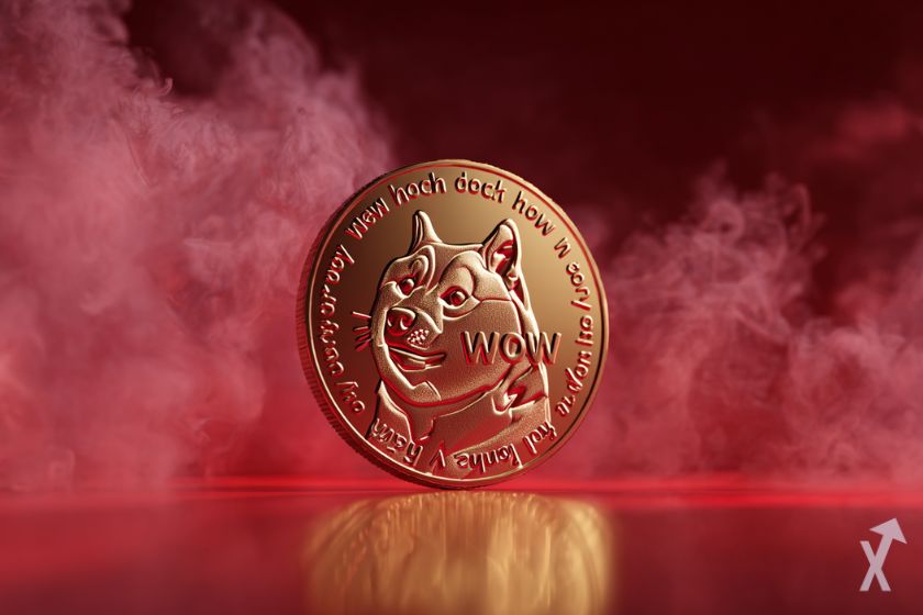 coin dogecoin doge brillant dans une épaisse fumée rouge