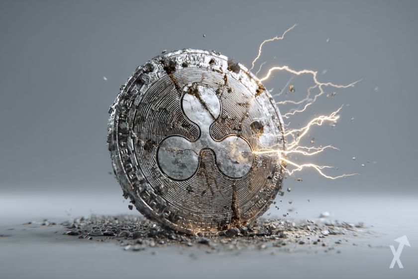 coin 3D xrp gris, avec des fissures, des éclairs sur un fond gris