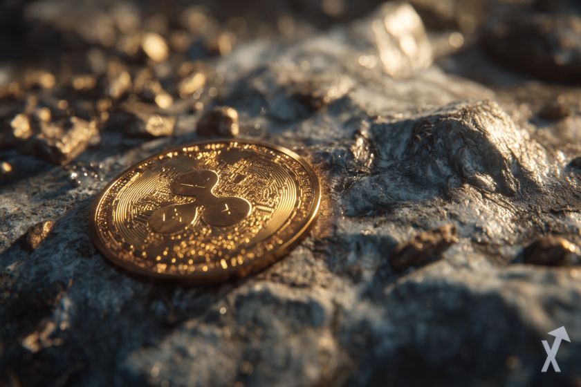 coin 3D xrp doré brillant posé sur le soln des pierres grises et une lumière