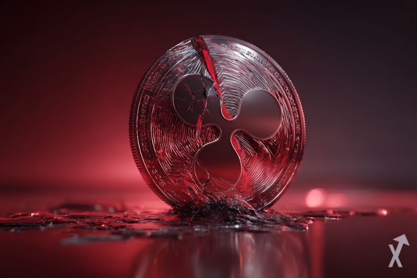 coin 3D xrp en rouge avec des fissures sur un fond rouge