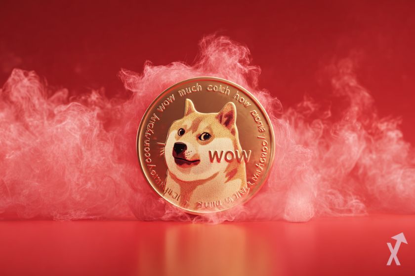 coin 3D dogecoin doge dans une épaisse fumée rouge