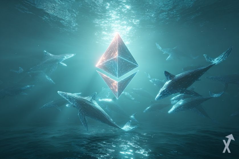 logo ethereum bleu clair brillant sous l'eau avec des baleines autour