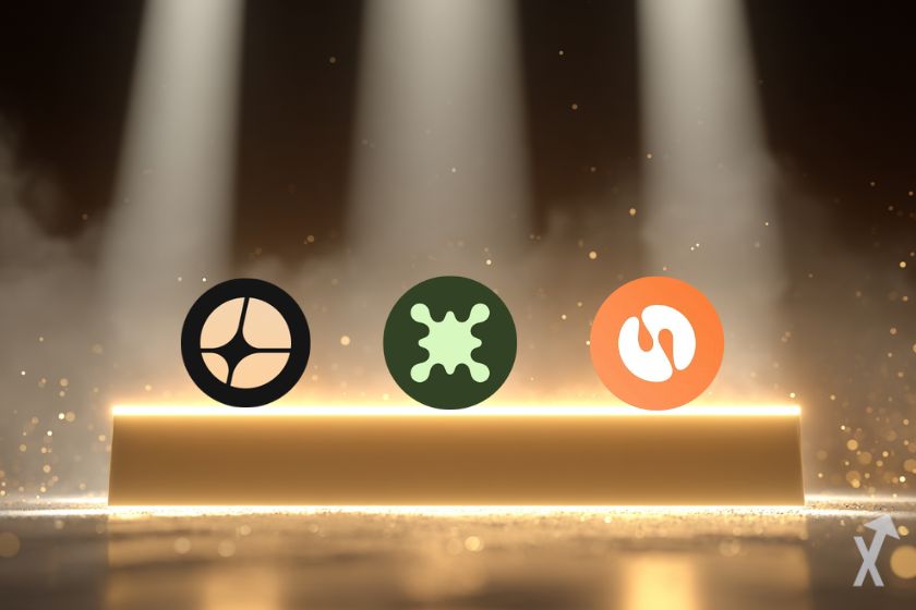 podium éclairé avec 3 altcoins : aster bio protocol et syrup, avec de la poussière dorée