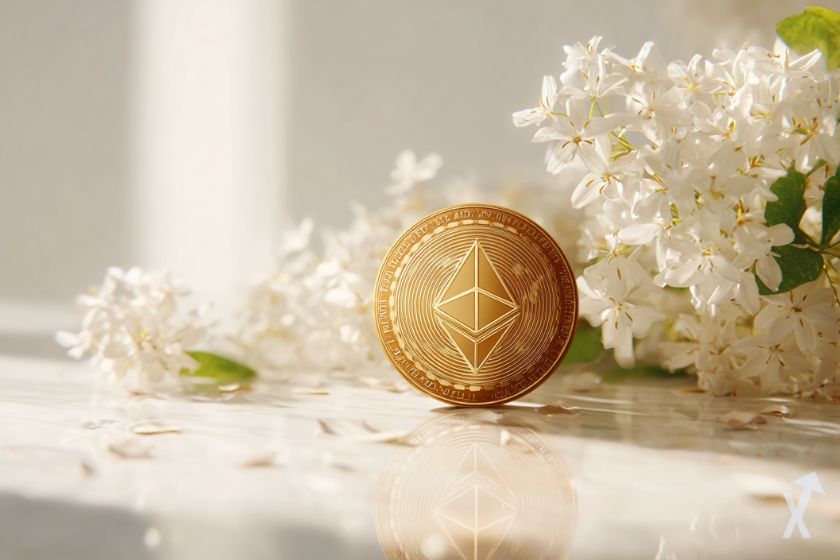 coin 3D ethereum eth doré brillant dans un environnement lumineux et des fleurs blanches