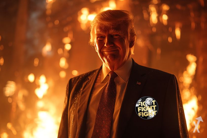 donald trump content dans un environnement dramatique et dans les flammes