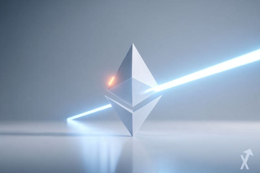 coin 3D ethereum avec une lumière bleue qui le transperce sur fond gris