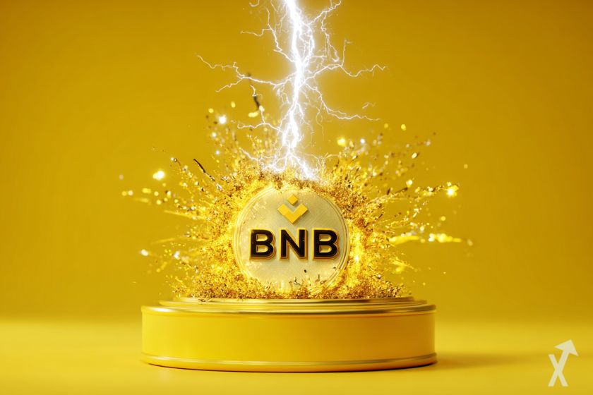 coin 3D bnb binance au milieu d'une explosion jaune dorée et un éclair blanc, sur fond jaune