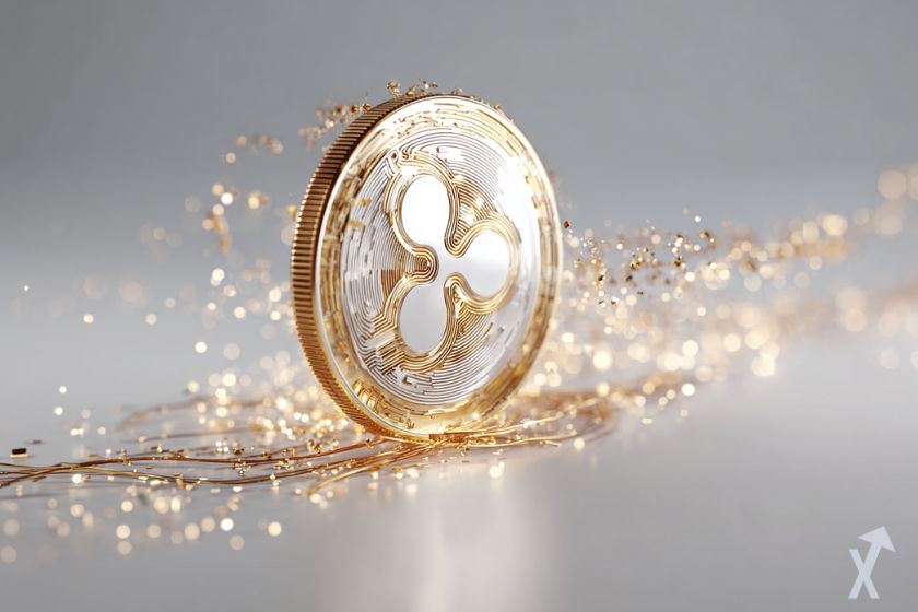 coin 3D xrp doré avec des paillettes sur fond gris