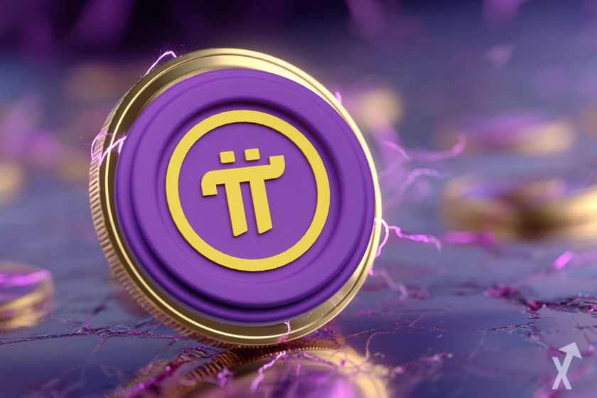 logo pi network avec des éclairs autour dans un environnement doré et violet