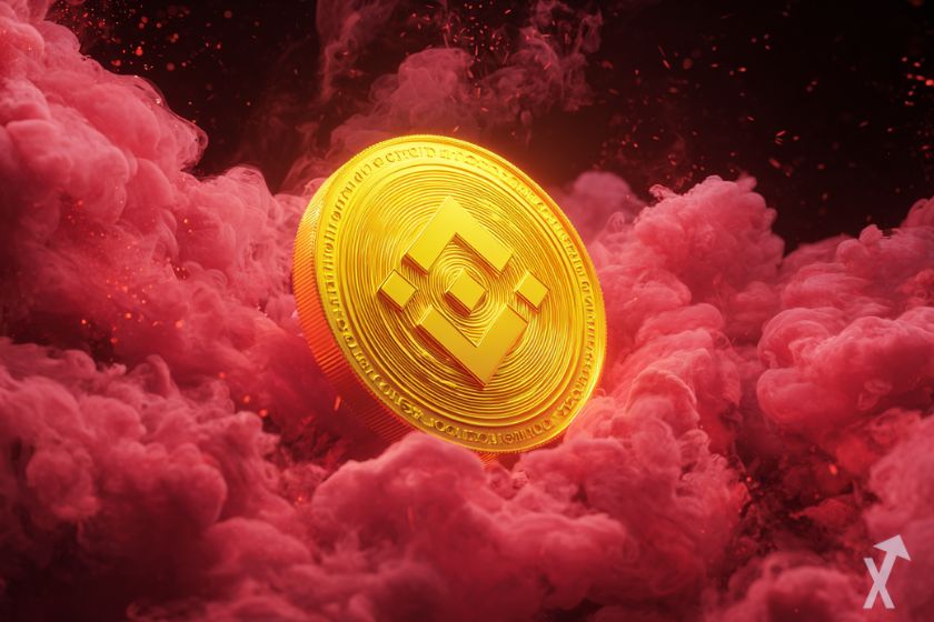 coin 3D bnb doré dans une épaisse fumée rouge