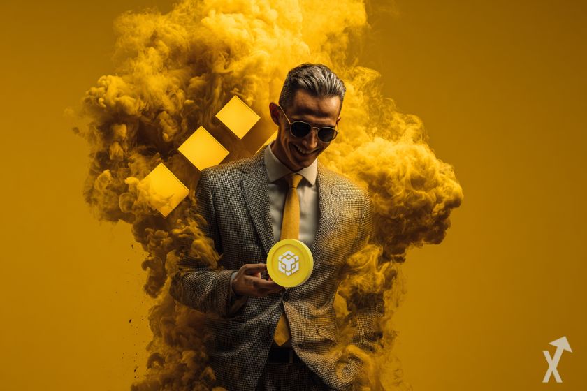 trader en costume tout sourire tenant le coin bnb binance dans une explosion de fumée jaune et noire