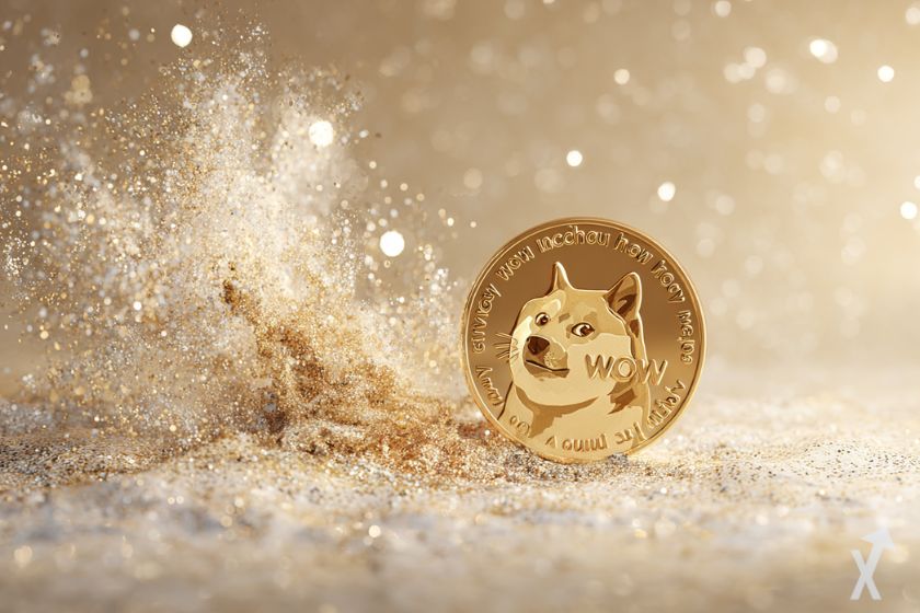 coin 3D dogecoin doge dans une explosion de paillettes dorées