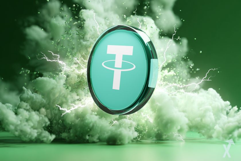 coin tether USDT vert avec des éclairs blancs et fumée verte
