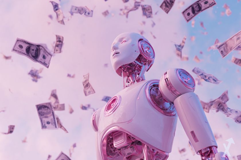 robot ia grok avec une pluie de billets de dollars
