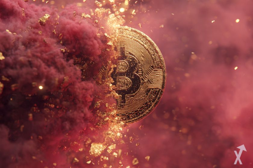 coin 3D bitcoin doré dans une épaisse fumée rouge
