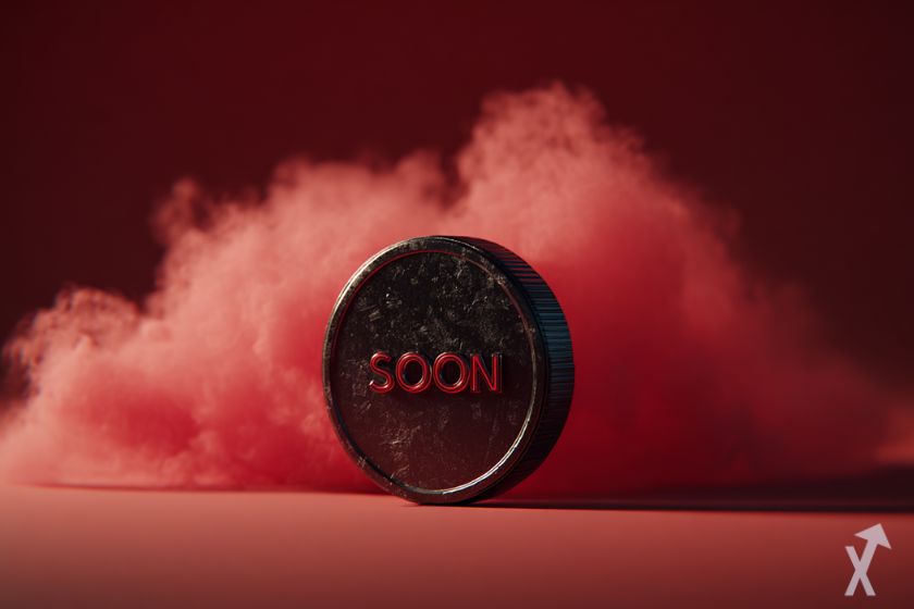 coin 3D soon en noir et rouge, dans une fumée rouge