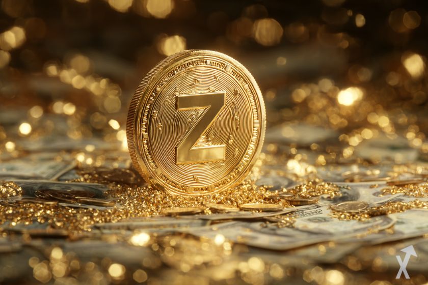 coin 3D zcash zec doré brillant, sur des billets de dollars