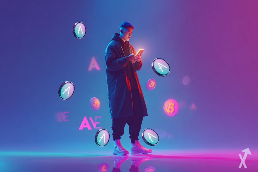 jeune homme sur son téléphone avec des logos AAVE et bitcoin autour sur fond rose et bleu