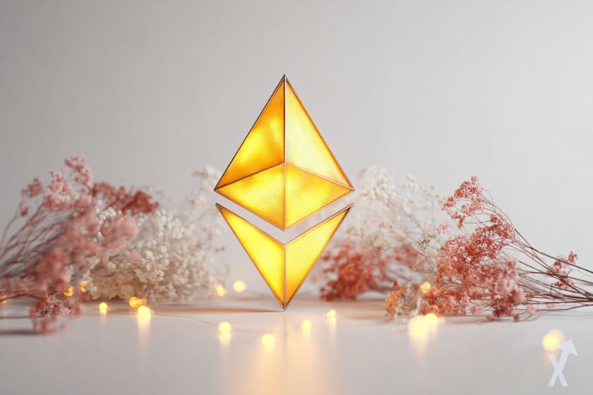 logo ethereum brillant dans un environnement fleuri sur fond gris