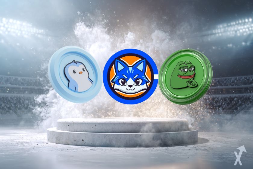 podium blanc avec 3 memecoins pengu toshi et pepe avec une epxlosion de fumée blanche en fond