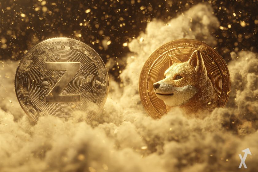 coin Zcash et Shiba inu en duel dans une fumée dorée