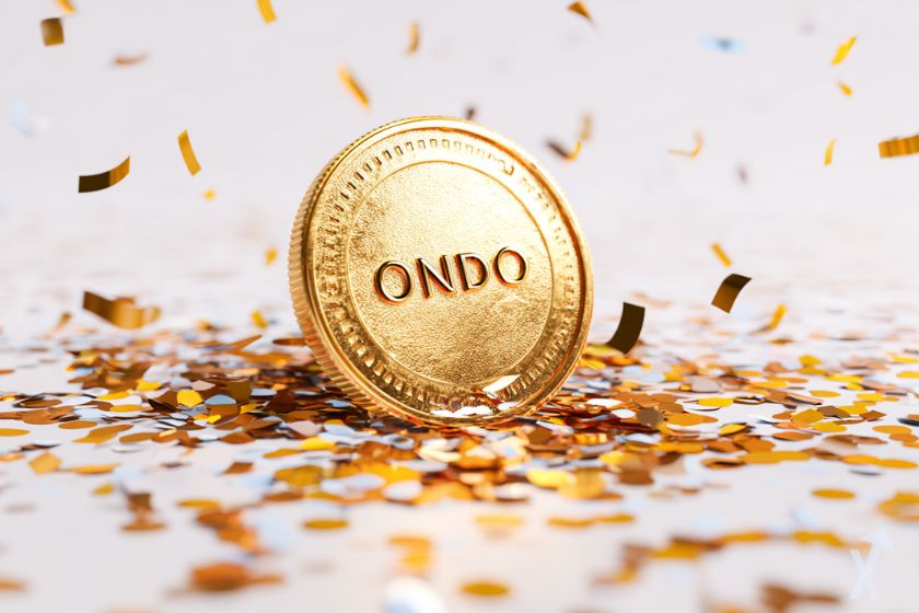 coin 3D ondo finance doré avec des confettis sur fond blanc, ambiance festive