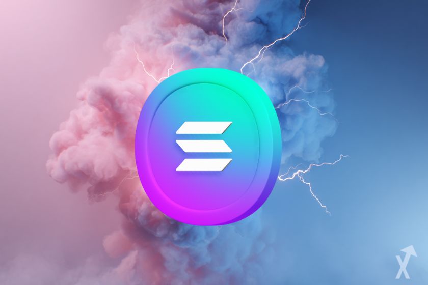 coin 3D solana bleu et rose avec une fumée bleue et rose en fond avec des éclairs