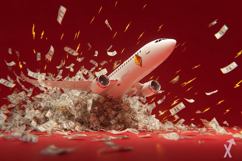 avion blanc avec le logo ethereum en train de se crasher dans des billets de dollars sur fond rouge