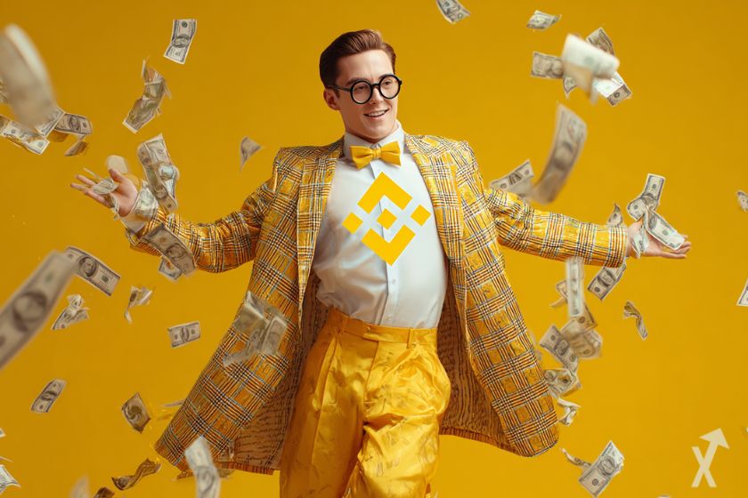 un trader en costume jaune avec noeud papillon, logo bnb binance sur le torse, dans une pluie de dollars sur fond jaune