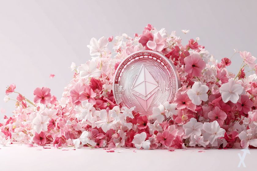 coin 3D ethereum brillant au milieu de fleurs roses et blanches