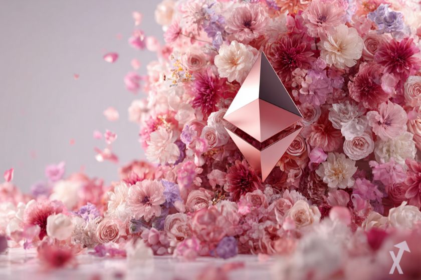 coin 3D ethereum brillant dans un explosion de fleurs roses et blanches