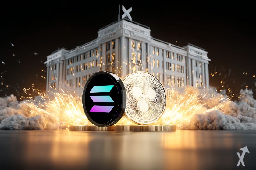 logo solana et xrp au mileu d'étincelles devant un batiment blanc sur fond noir et fumée grise