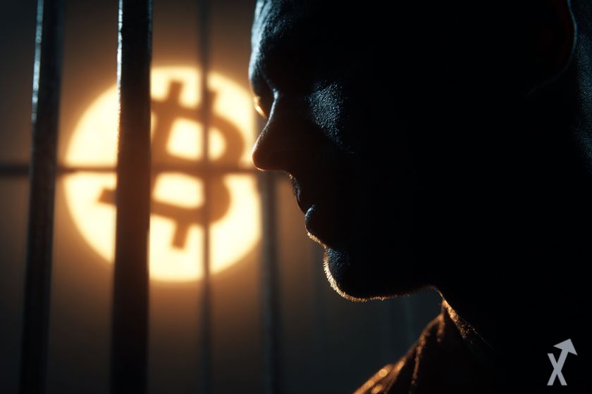 william hill en mode portrait, regard évasif, en prison, logo bitcoin éclairé