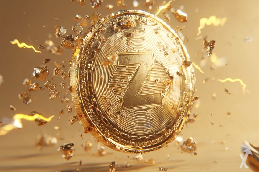 coin 3D zcash zec brillant, avec des éclairs sur fond doré