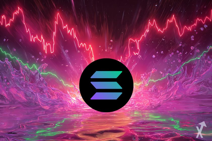 logo solana sol au milieu d'un environnement futuriste coloré