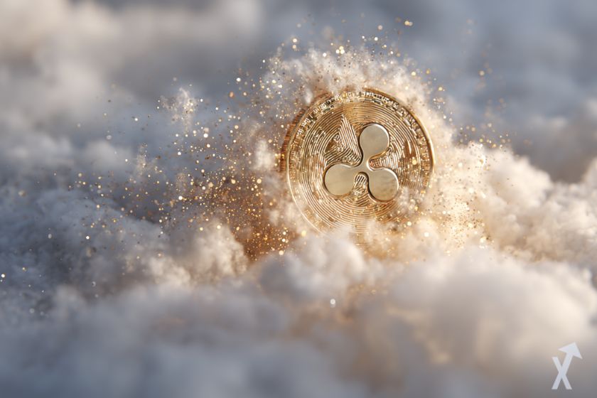 coin 3D xrp doré brillant avec des paillettes sur un nuage blanc