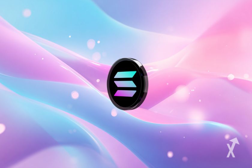 Un token noir avec le logo Solana sur un fond rose et bleu