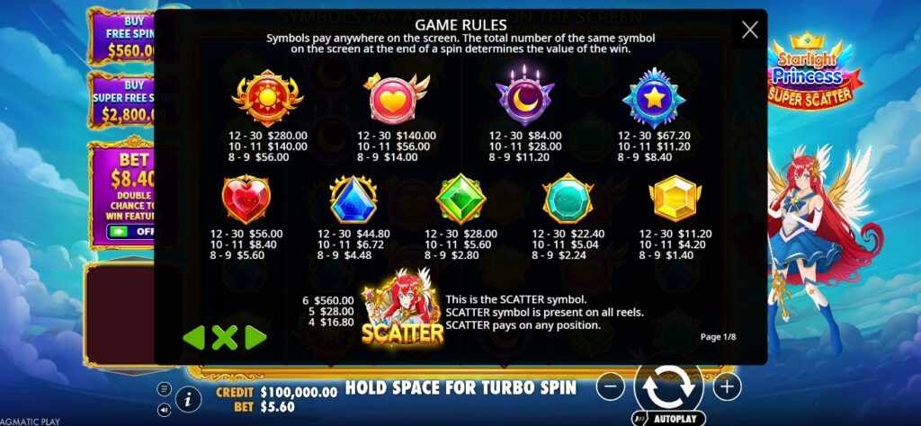 Starlight princess super scatter rules