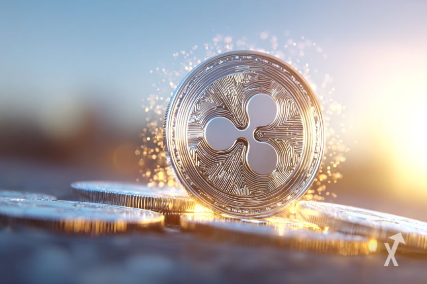 Un token argenté avec le logo Ripple scintillant sur d'autres pièces