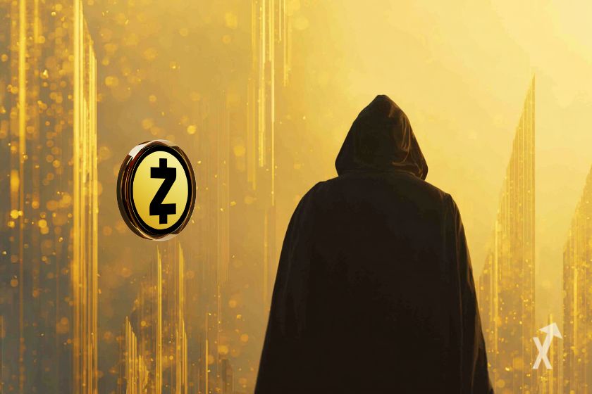 Un homme à capuche vu de dos sur un fond jaune brillant avec des formes abstraites et le token Zcash